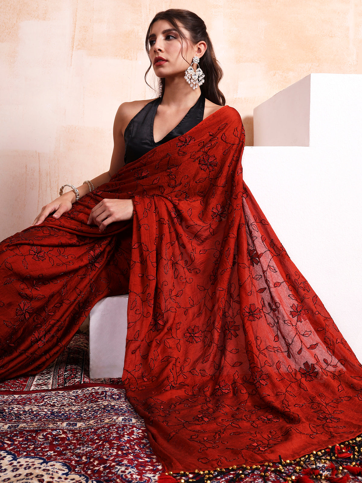 Ruby Red Ghungroo Latkan Embroidered Saree