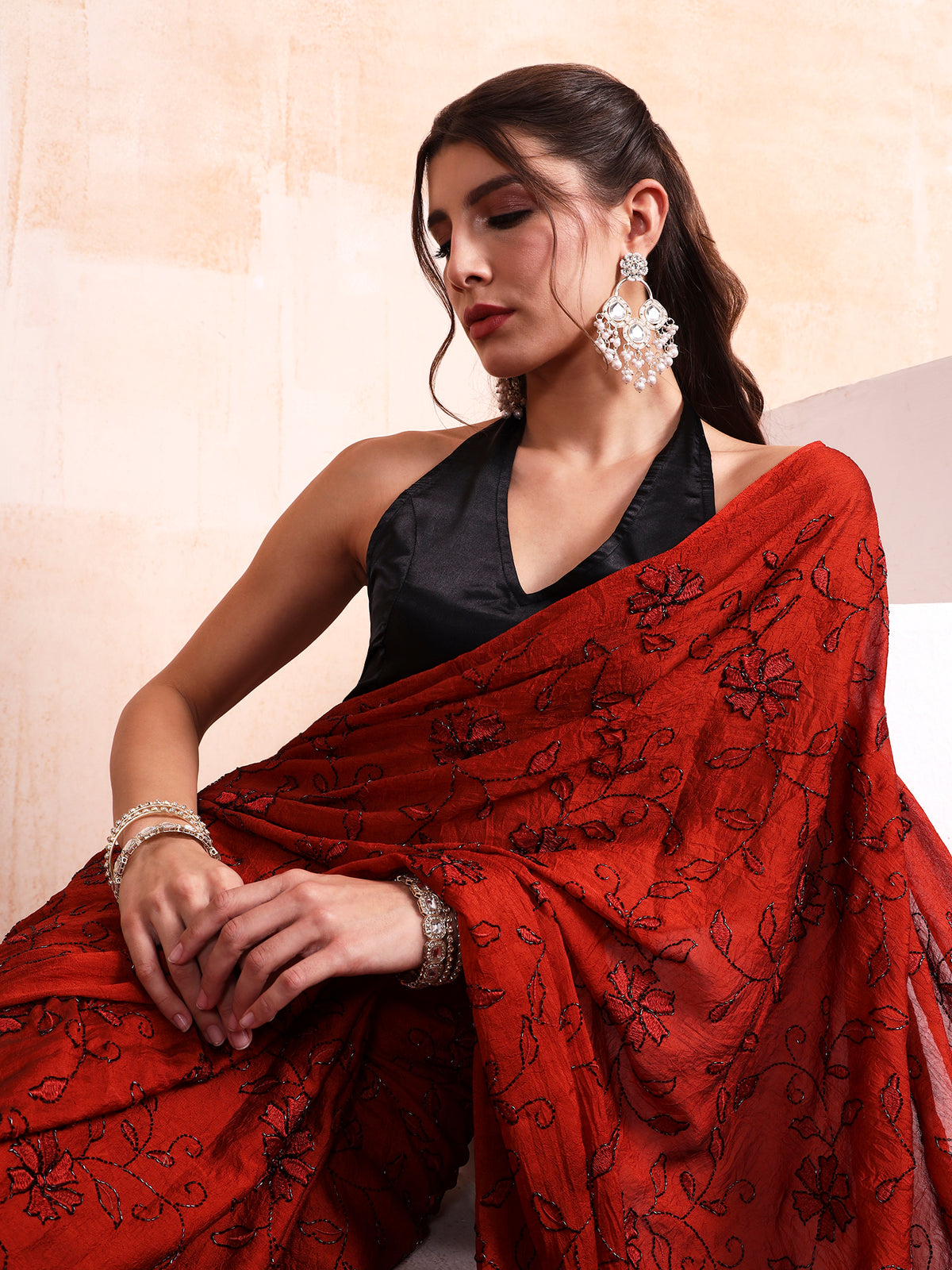 Ruby Red Ghungroo Latkan Embroidered Saree