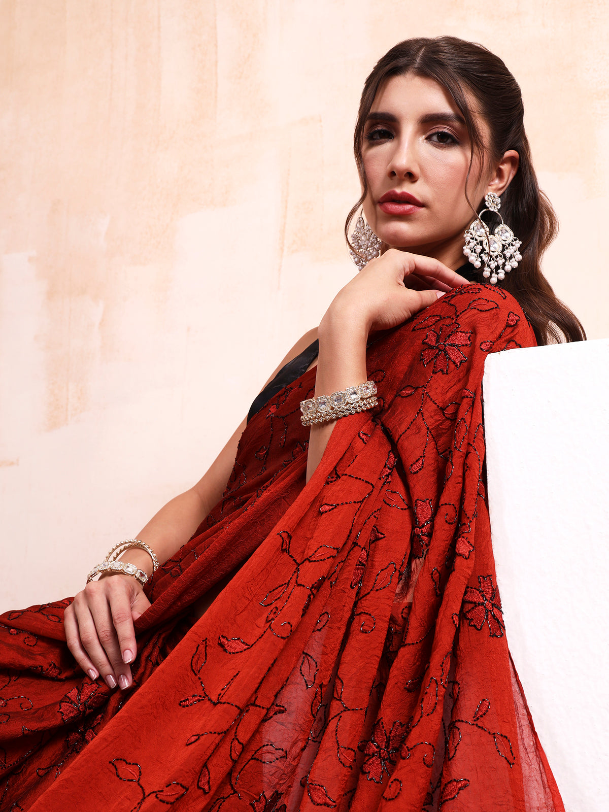 Ruby Red Ghungroo Latkan Embroidered Saree