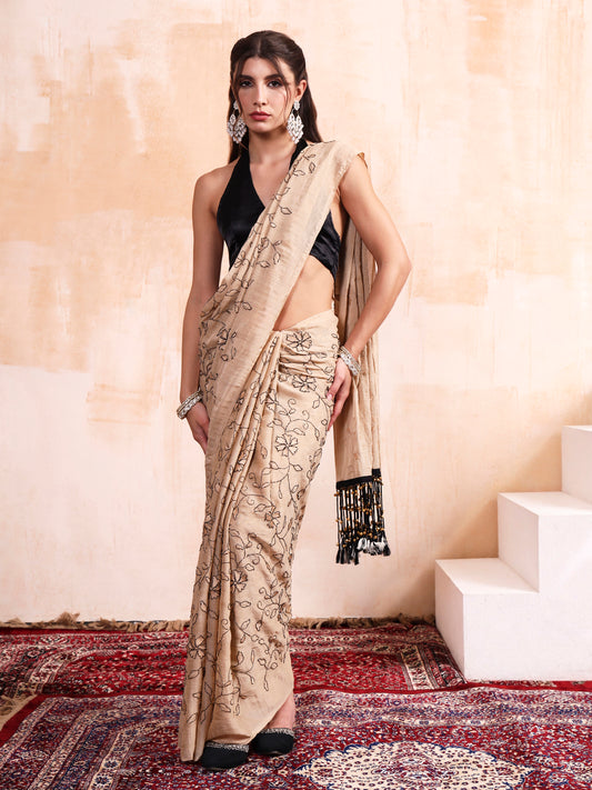 Powder Cream Ghungroo Latkan Embroidered Saree