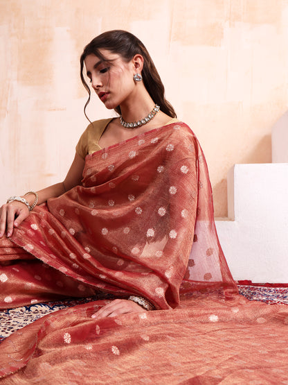 Salmon Red Chanderi Silk saree