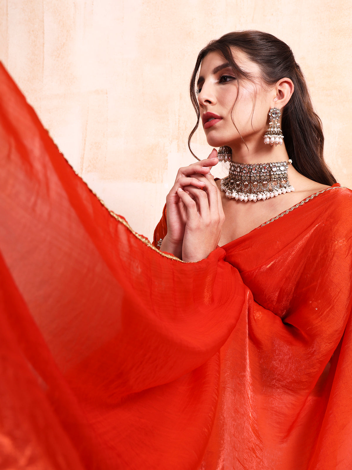 Persimmon Orange Silk saree with Embroidered blouse