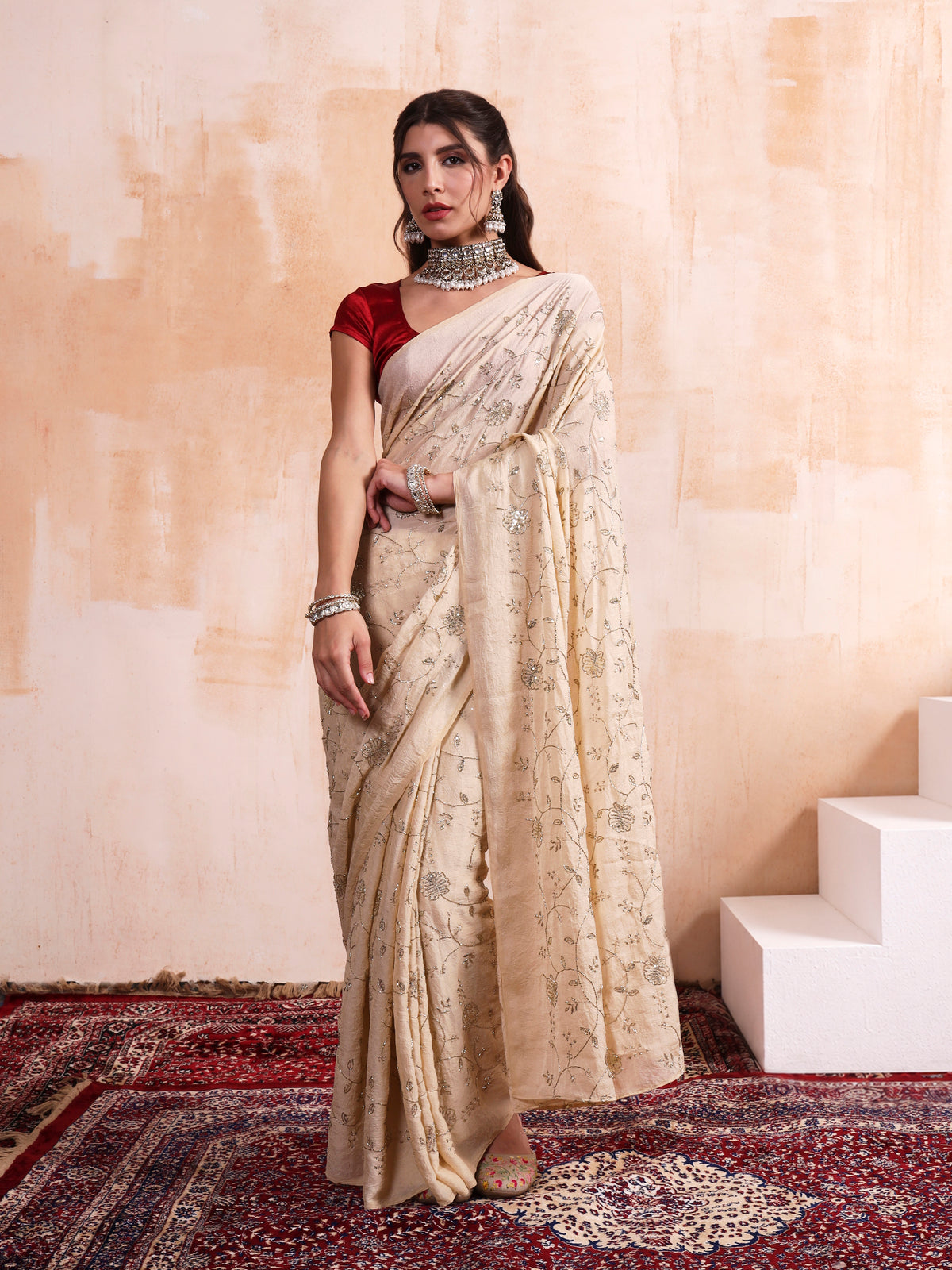 Pastel Vanilla Cream Cursh Embroidered Saree
