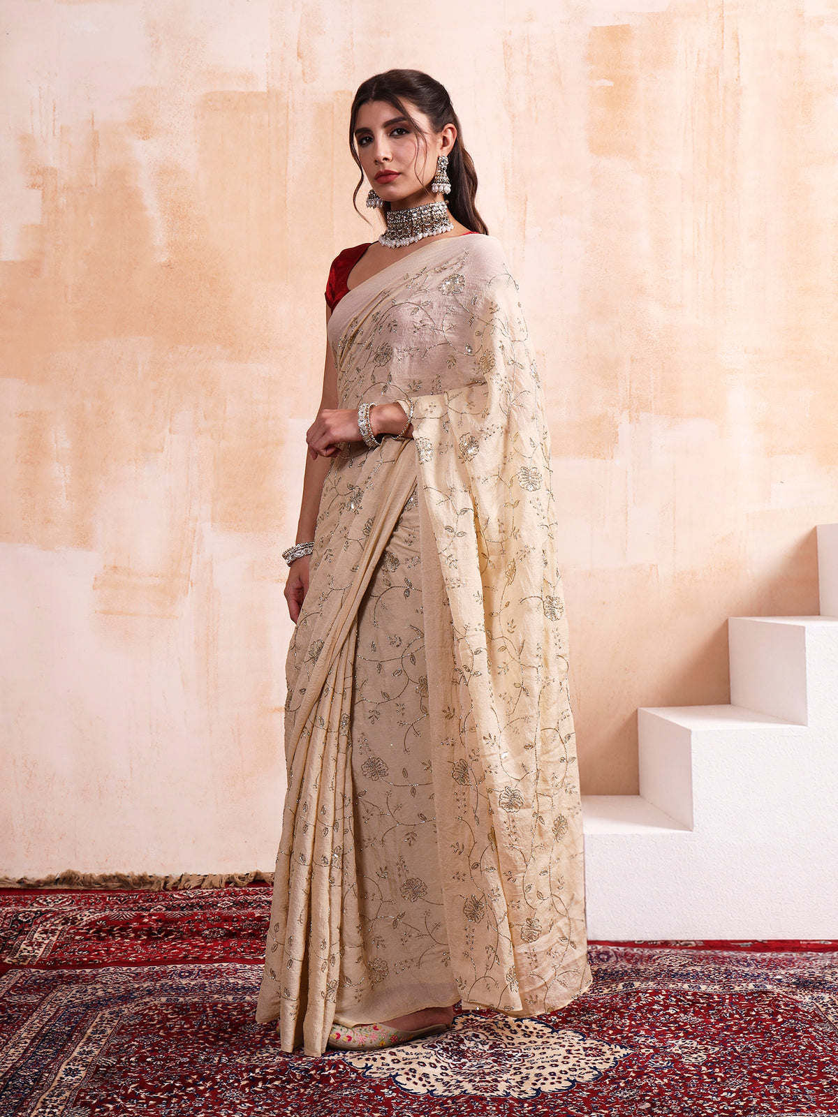 Pastel Vanilla Cream Cursh Embroidered Saree
