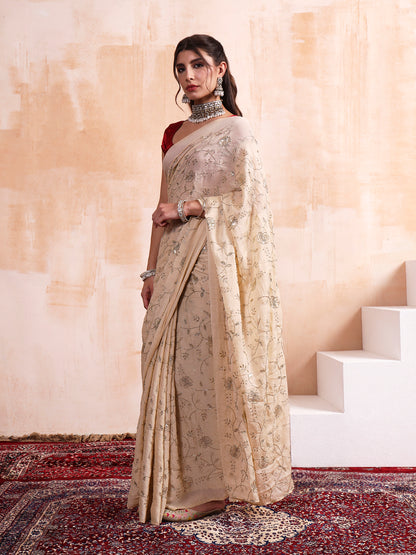 Pastel Vanilla Cream Cursh Embroidered Saree