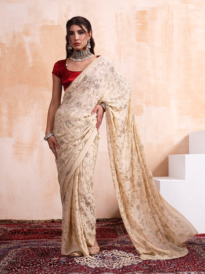 Pastel Vanilla Cream Cursh Embroidered Saree