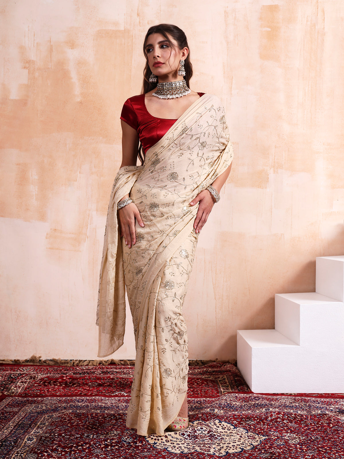 Pastel Vanilla Cream Cursh Embroidered Saree