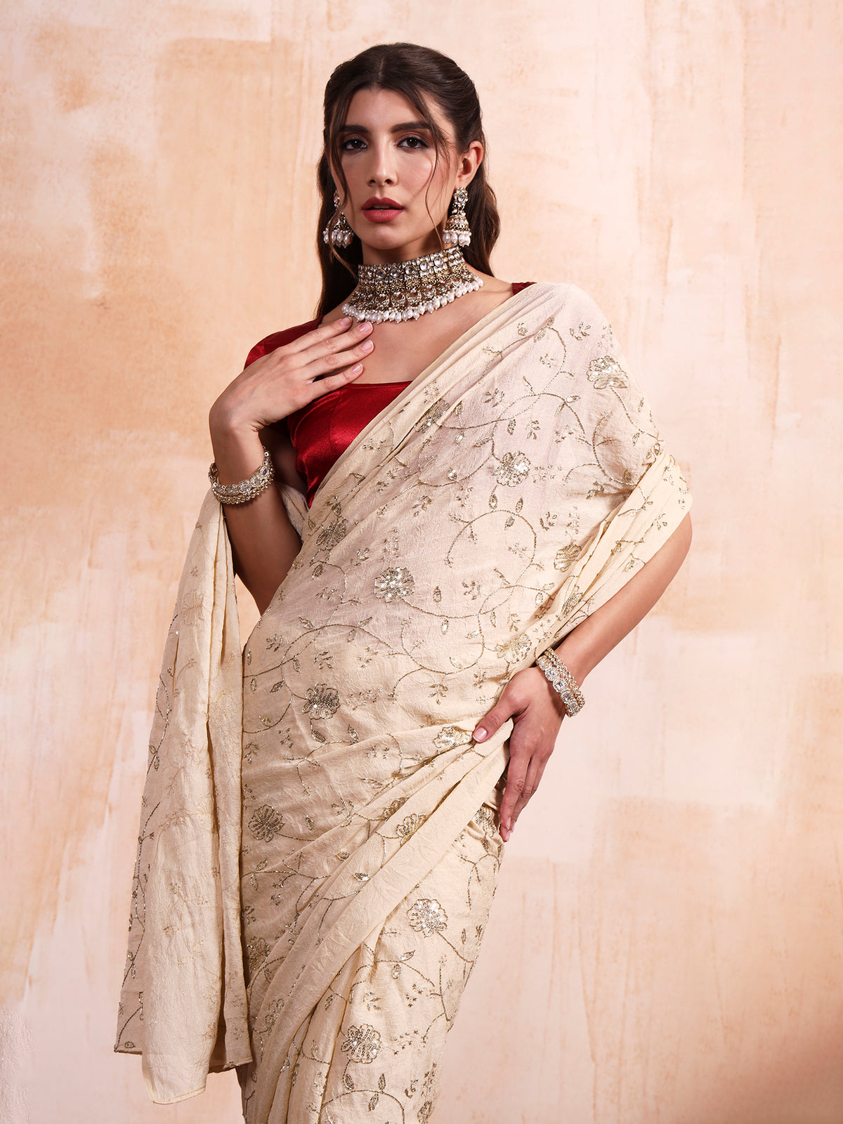 Pastel Vanilla Cream Cursh Embroidered Saree