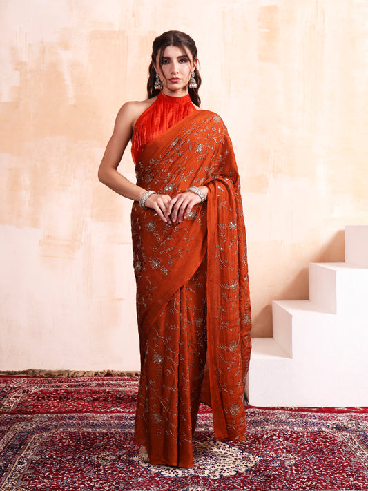 Rust Orange Cursh Embroidered Saree