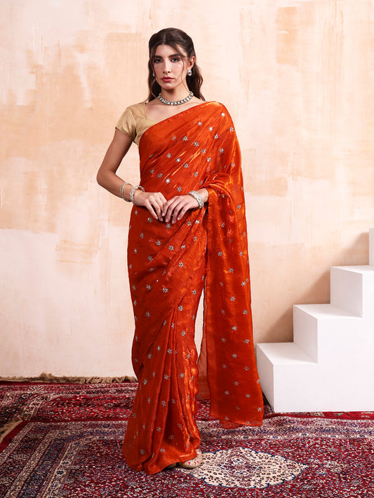 Persimmon orange Buti embroidered Saree