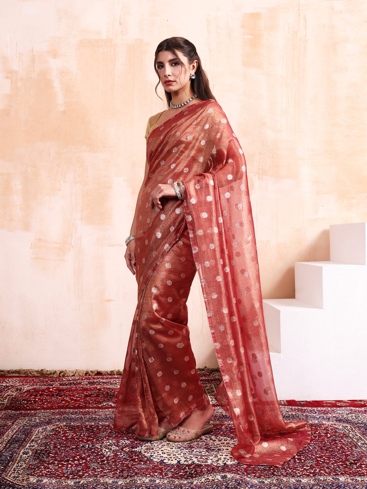 Salmon Red Chanderi Silk saree