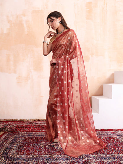 Salmon Red Chanderi Silk saree