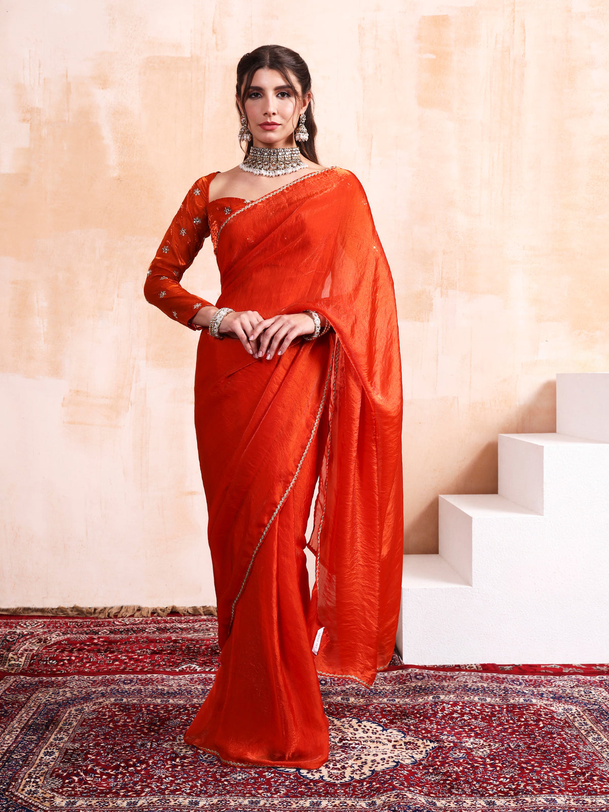 Persimmon Orange Silk saree with Embroidered blouse