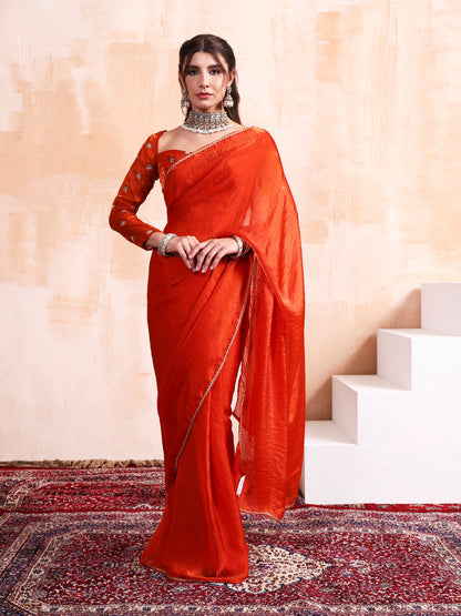 Persimmon Orange Silk saree with Embroidered blouse