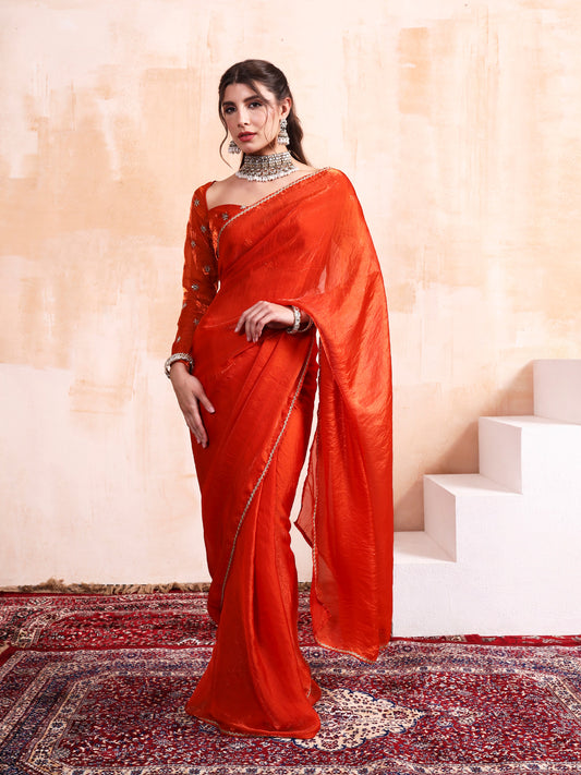 Persimmon Orange Silk saree with Embroidered blouse