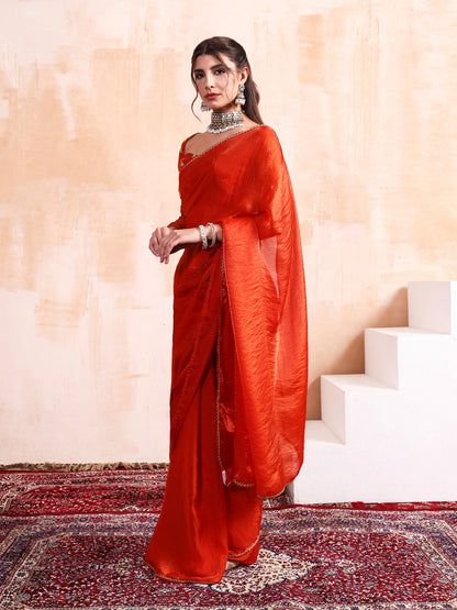 Persimmon Orange Silk saree with Embroidered blouse