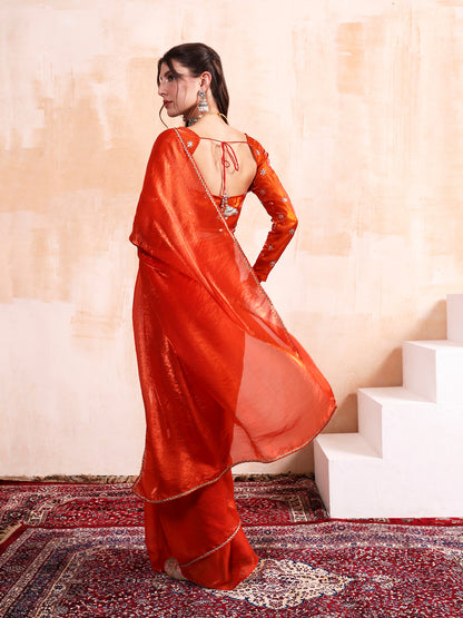 Persimmon Orange Silk saree with Embroidered blouse