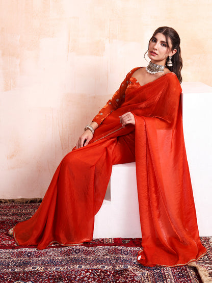 Persimmon Orange Silk saree with Embroidered blouse
