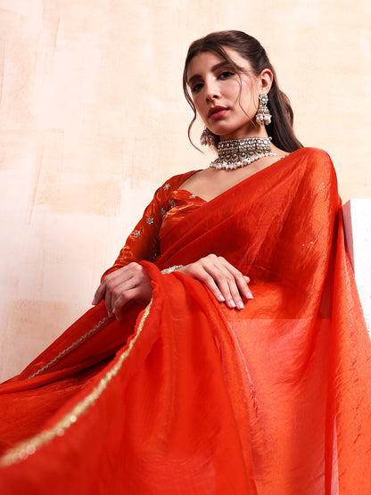 Persimmon Orange Silk saree with Embroidered blouse
