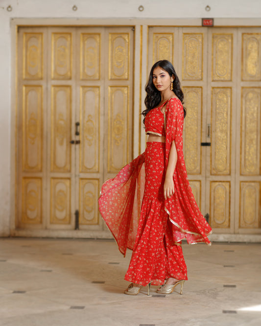 Red Floral Embellished Cape