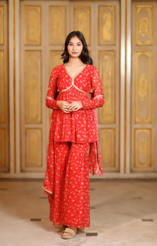 Red Floral Sharara with Dupatta Set