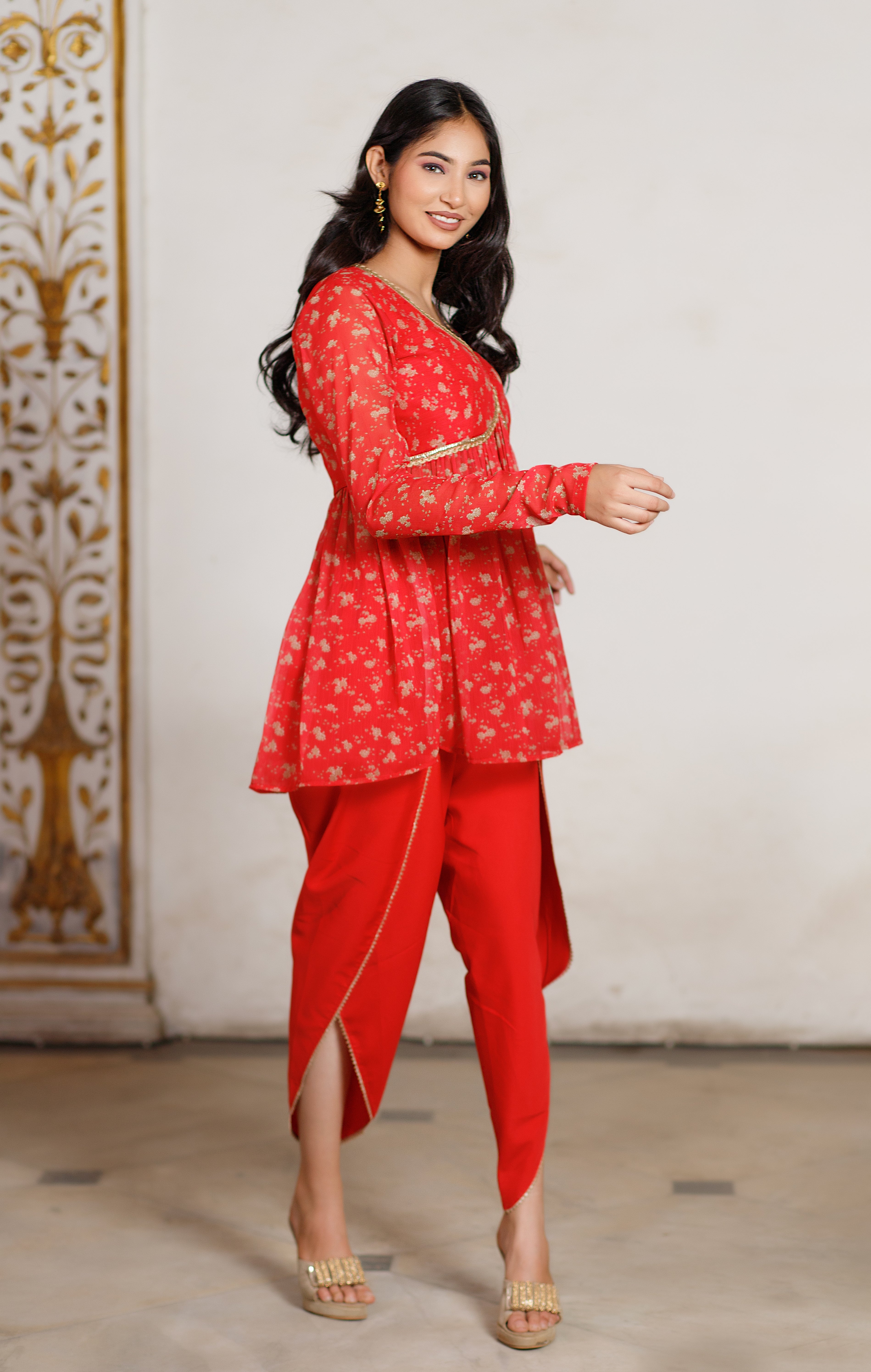 Red straight kurta with cutwork, flair cheapest tulip pant