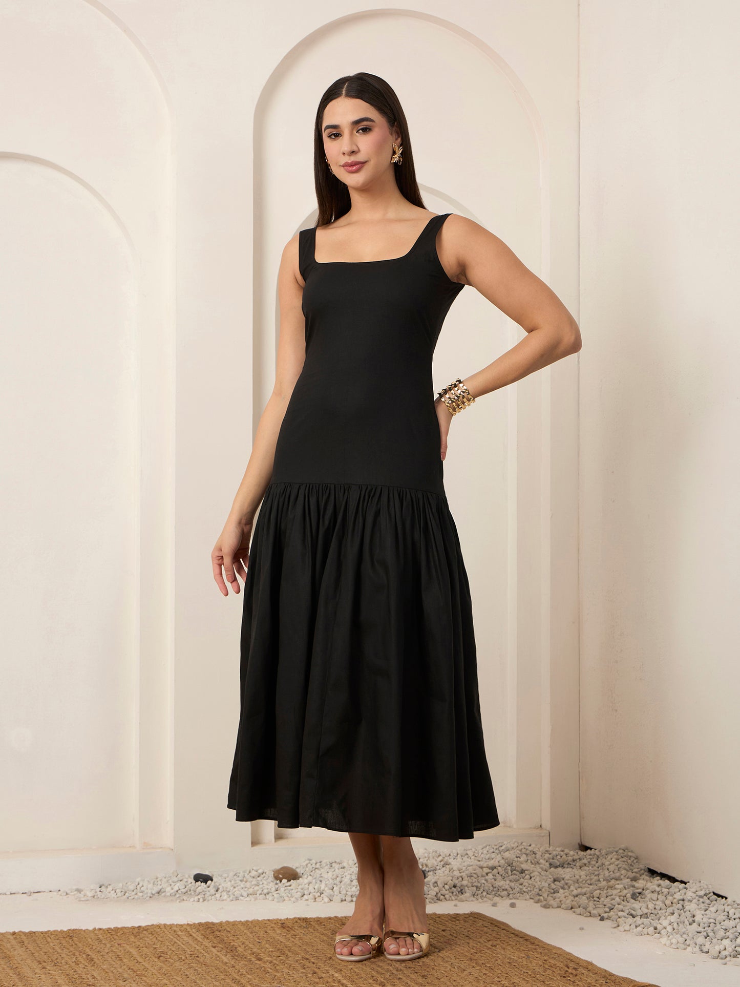 Black Poplin Fit & Flare Midi Dress