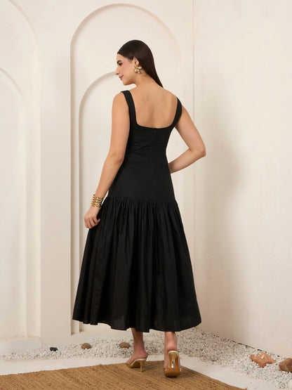 Black Poplin Fit & Flare Midi Dress
