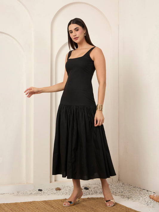 Black Poplin Fit & Flare Midi Dress