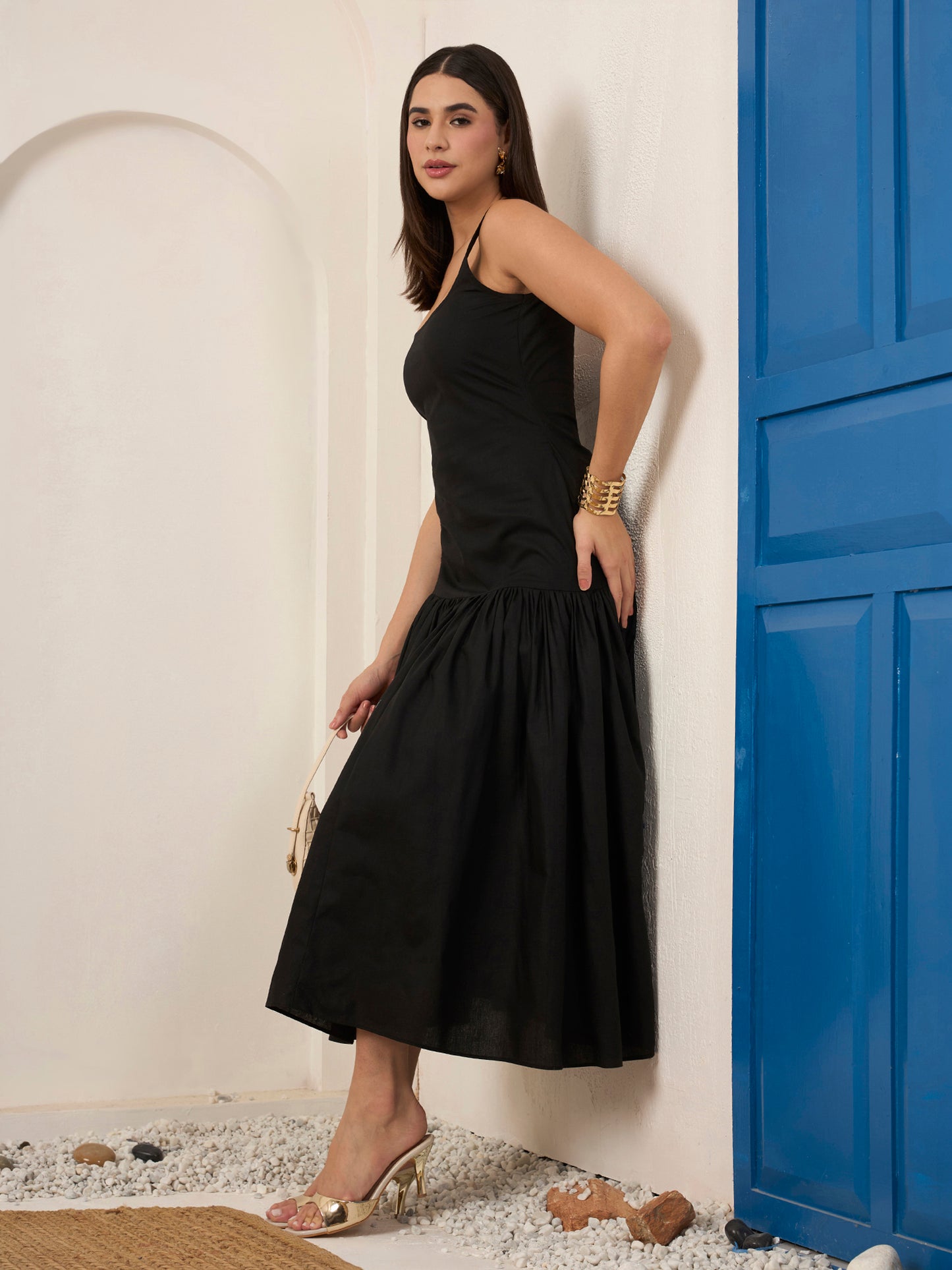 Black Poplin Fit & Flare Midi Dress