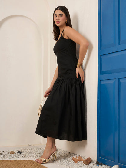 Black Poplin Fit & Flare Midi Dress