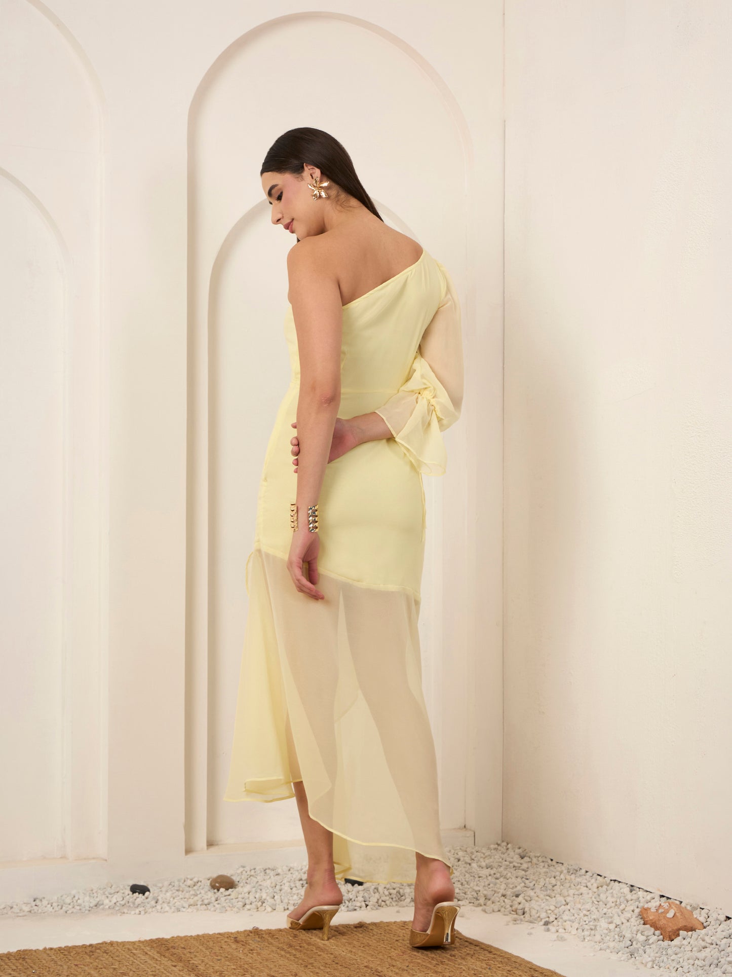 Lemon Yellow One Shoulder Midi Dress