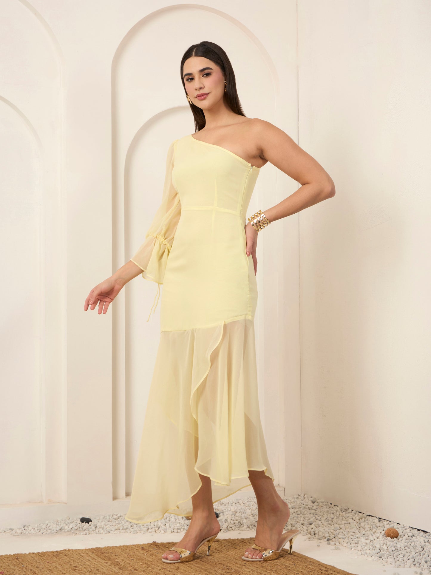 Lemon Yellow One Shoulder Midi Dress