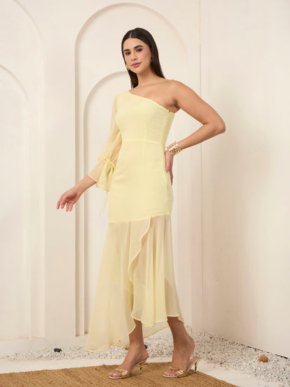 Lemon Yellow One Shoulder Midi Dress