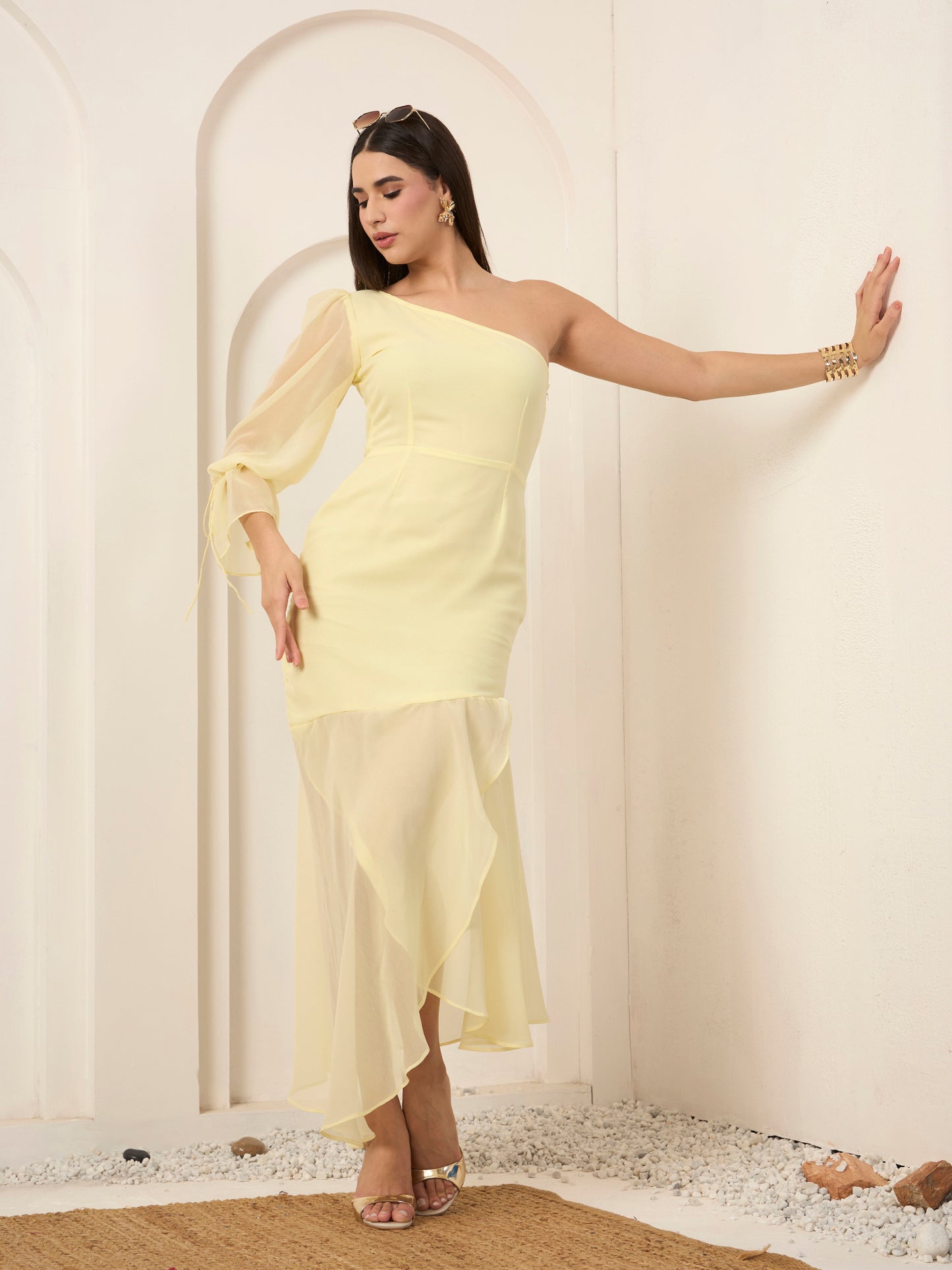 Lemon Yellow One Shoulder Midi Dress