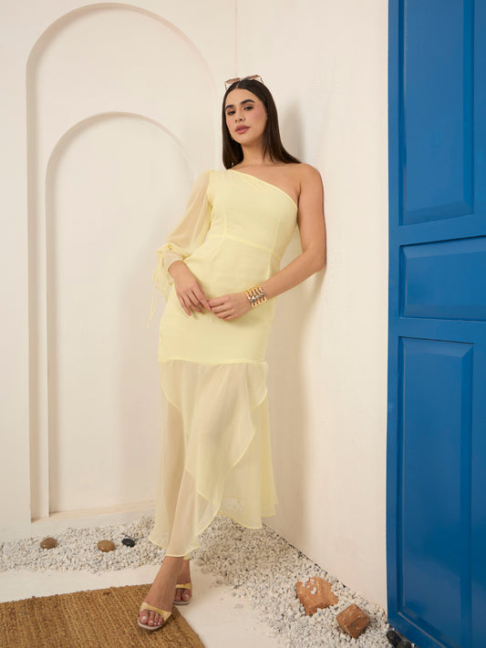Lemon Yellow One Shoulder Midi Dress