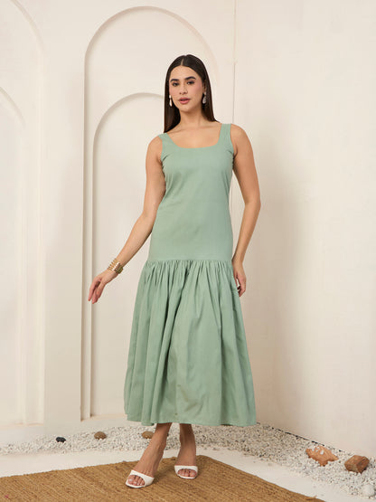 Cyan Poplin Fit & Flare Midi Dress