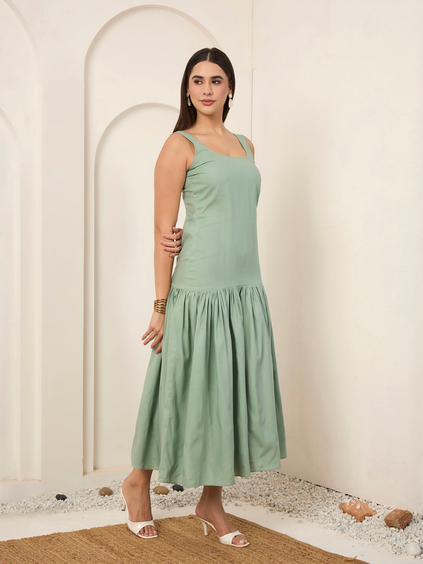 Cyan Poplin Fit & Flare Midi Dress