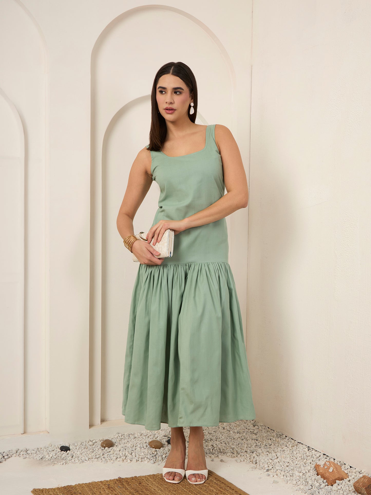 Cyan Poplin Fit & Flare Midi Dress
