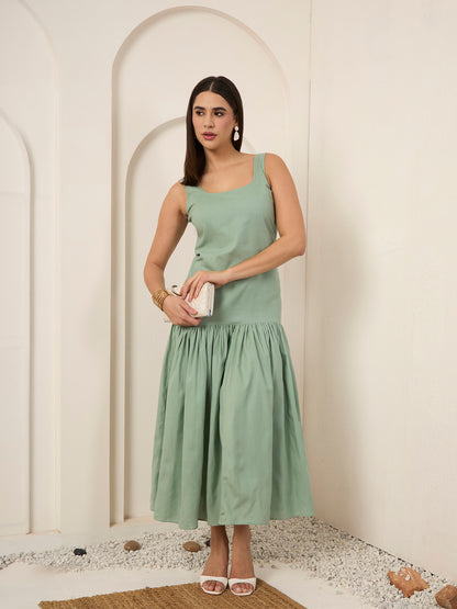 Cyan Poplin Fit & Flare Midi Dress