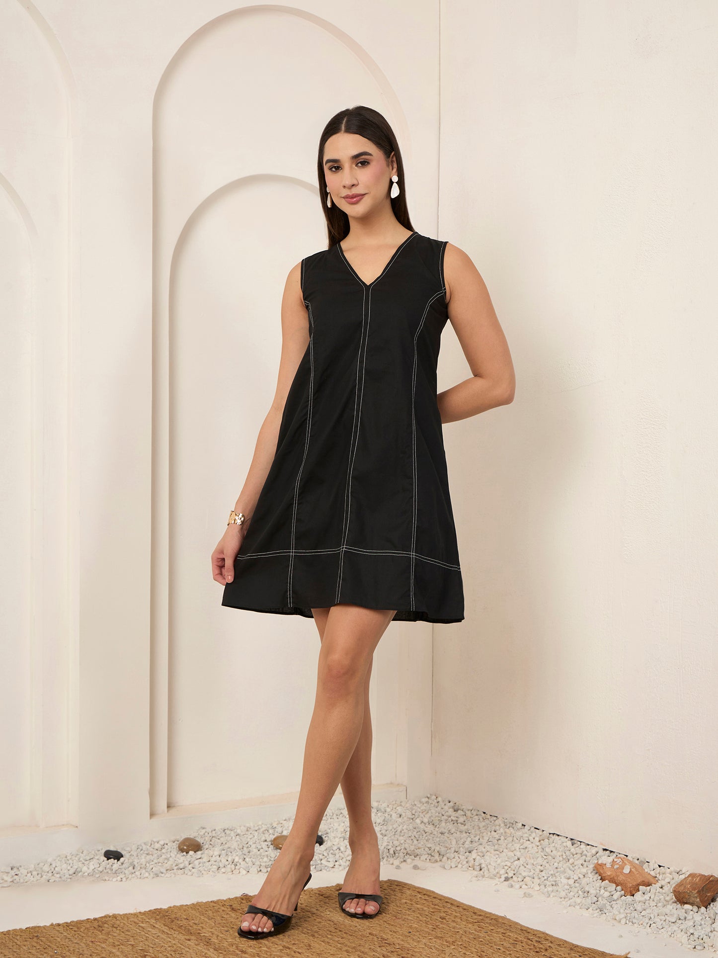 Black Contrast Thread Work Dress