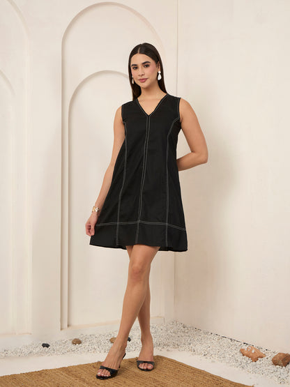 Black Contrast Thread Work Dress