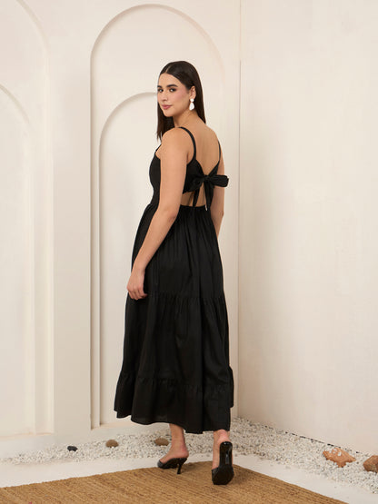 Black Poplin Tiered Midi Dress