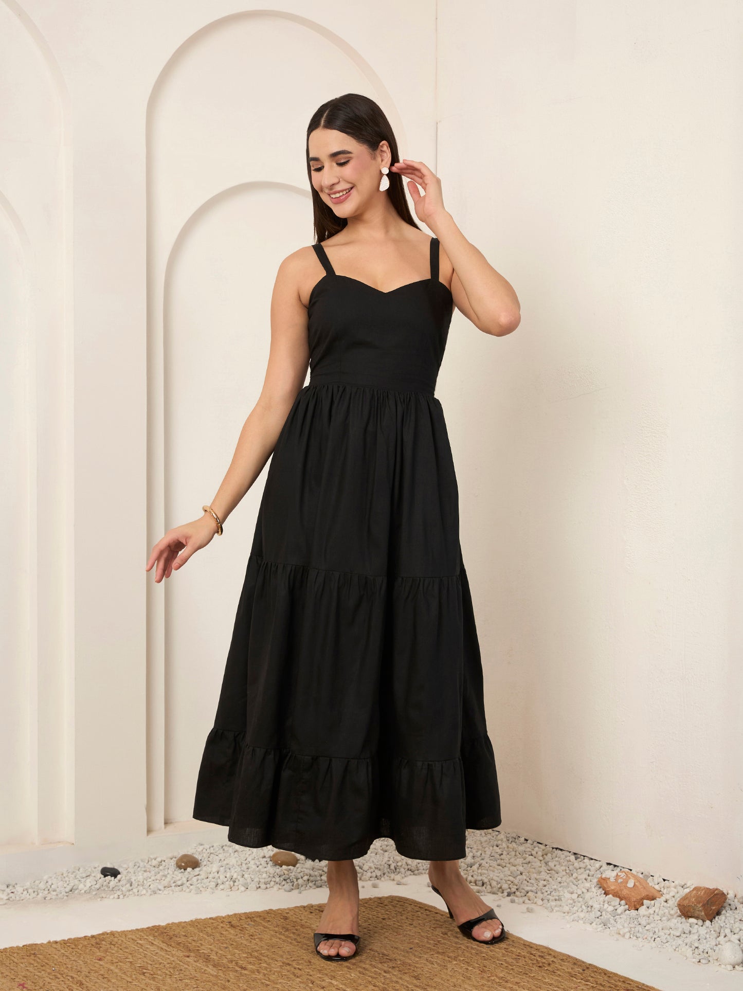 Black Poplin Tiered Midi Dress