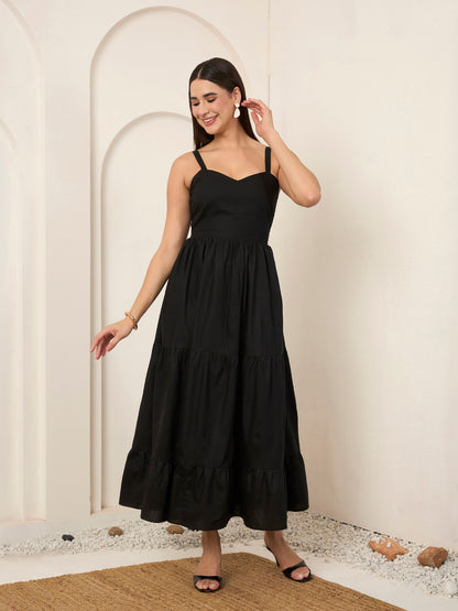 Black Poplin Tiered Midi Dress