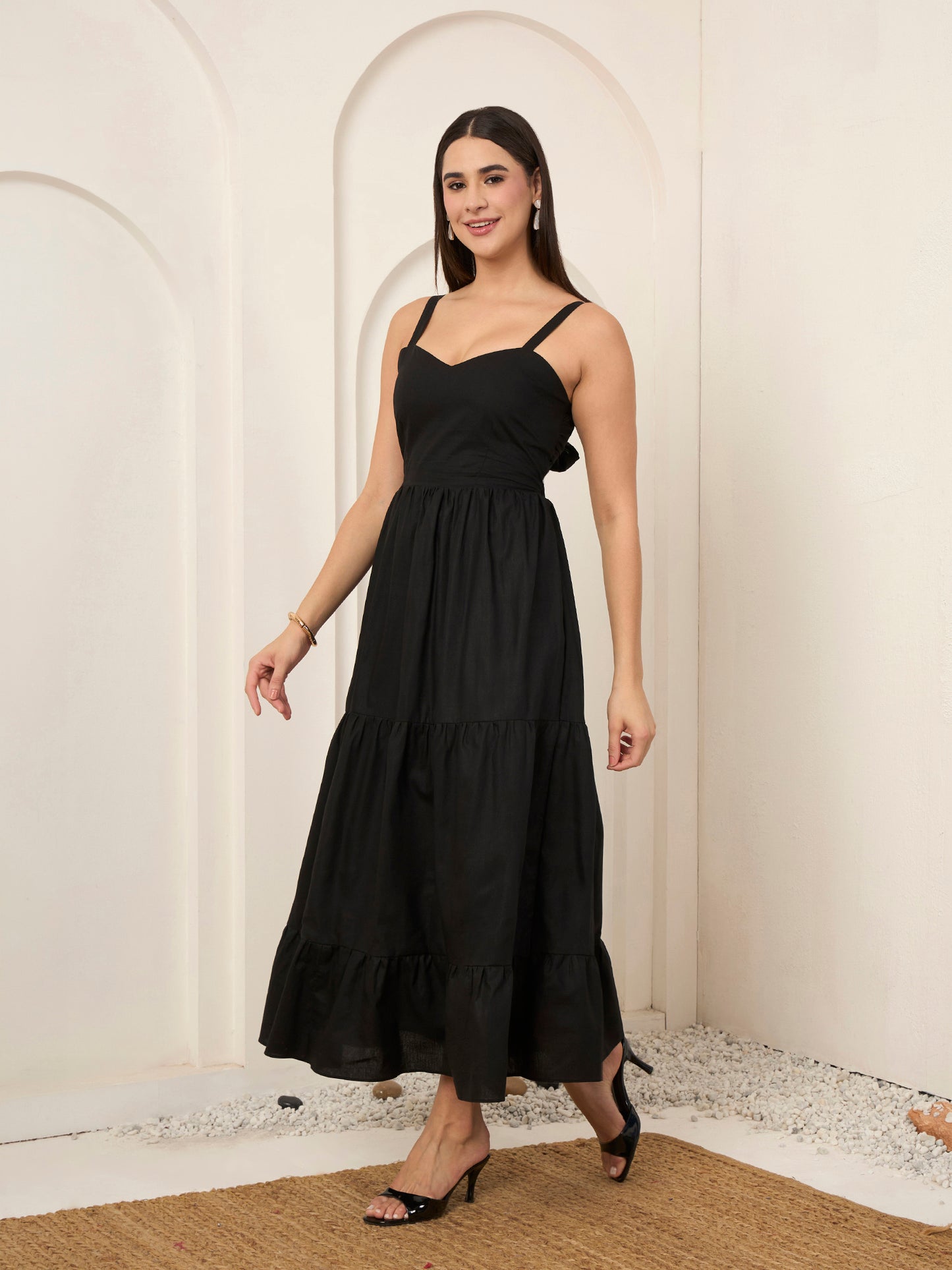 Black Poplin Tiered Midi Dress