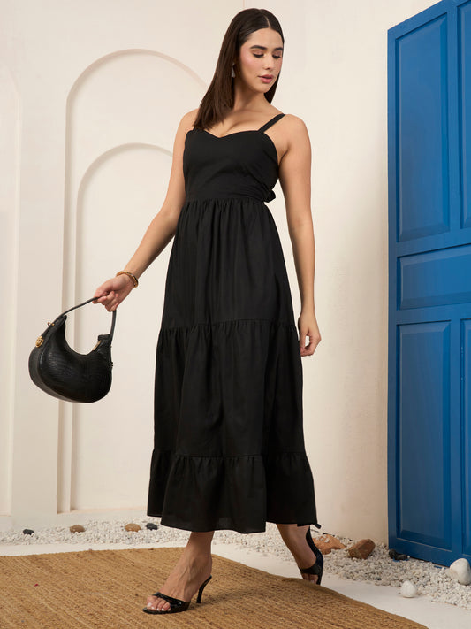 Black Poplin Tiered Midi Dress