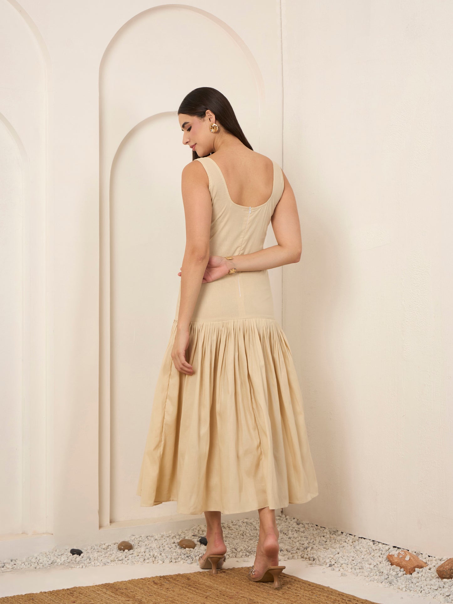 Beige Poplin Fit & Flare Midi Dress