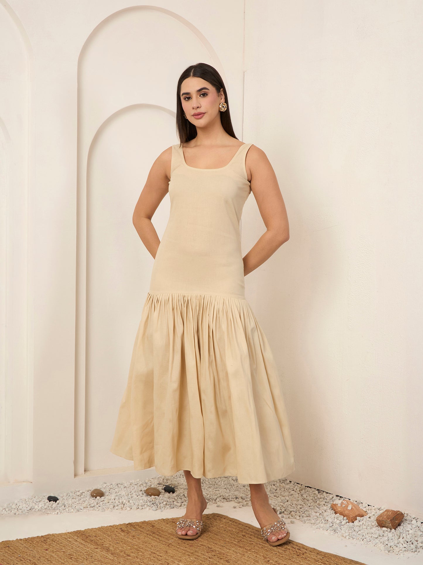 Beige Poplin Fit & Flare Midi Dress
