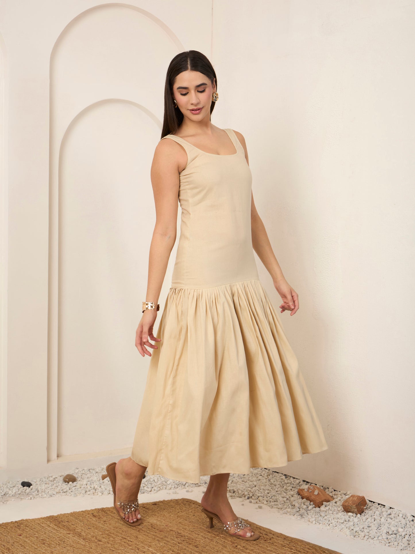 Beige Poplin Fit & Flare Midi Dress